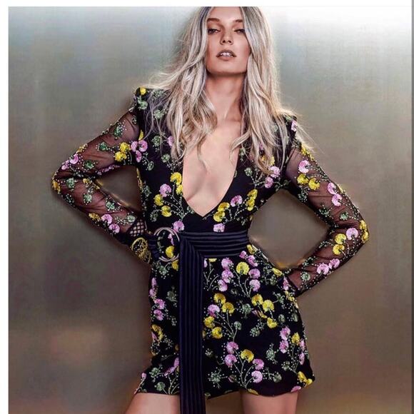 Zhivago In The Garden Floral Mesh Wrap Mini Dress black pink yellow size US 2 - Picture 4 of 15